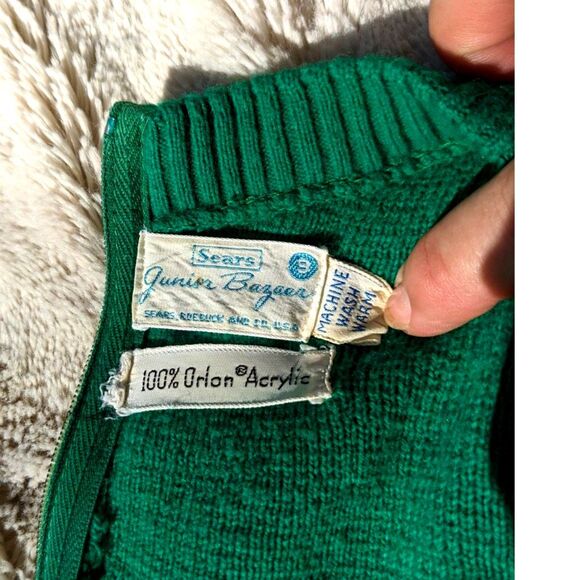 Vtg 70s Sears Juniors Bazaar Green Knit Tie Waist Shift Sweater MiniDress sz 4/6 - Picture 3 of 10